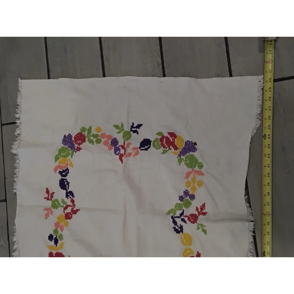 Vintage Hand Embroidered Floral Fruit White Square Tablecloth Fringed 31x33